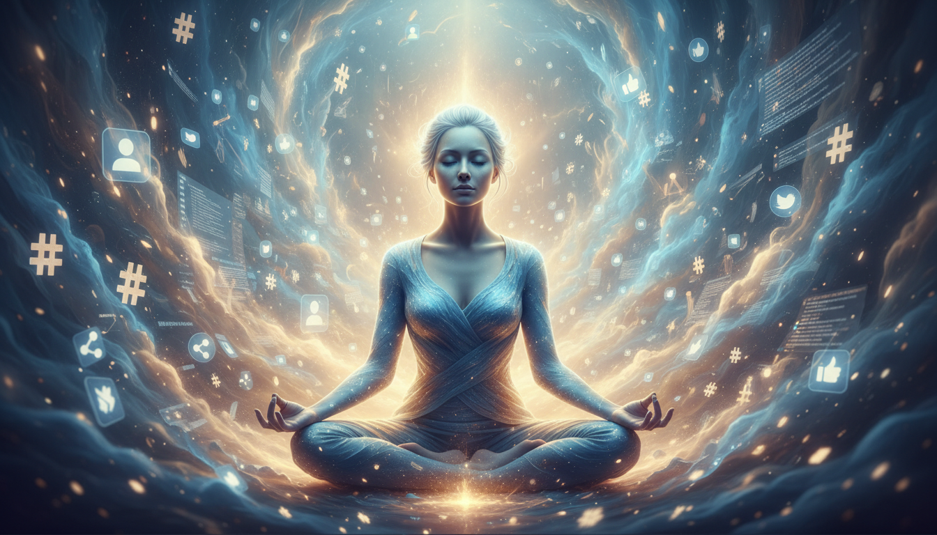 Conceptual art of a serene woman sitting in a lotus position in the middle of a digital storm of floating hashtags and social media icons, showing a calm and focused expression, soft blue and gold tones, surreal and peaceful atmosphere.