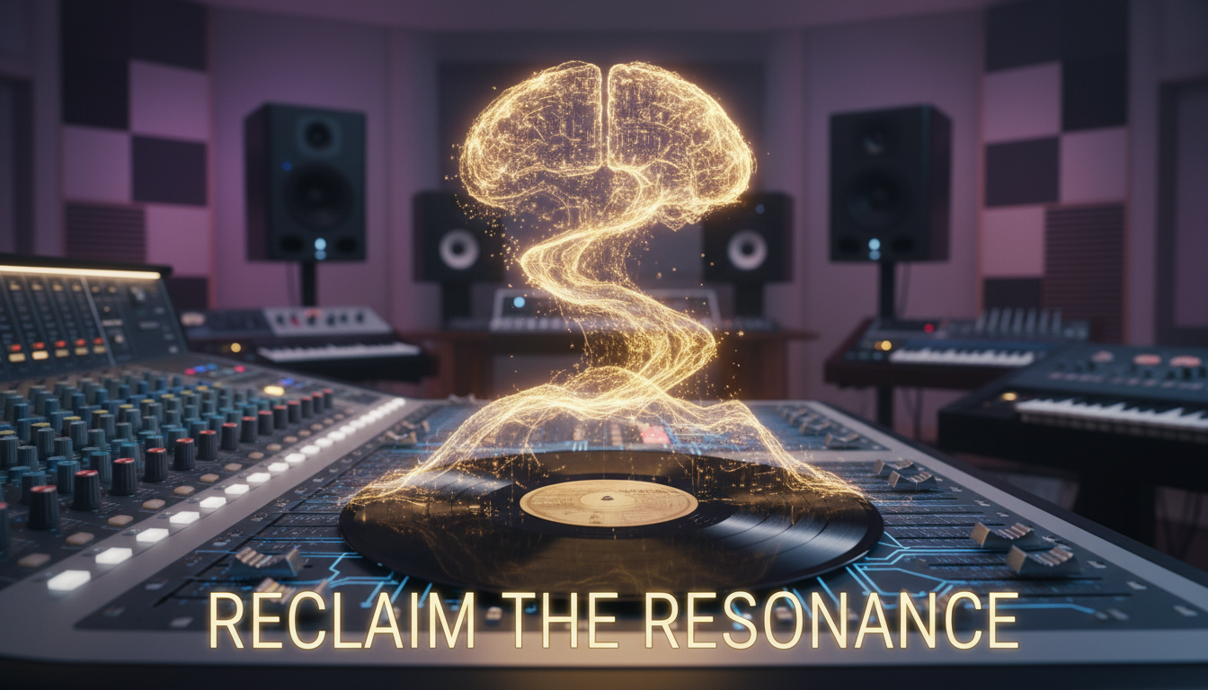 A close-up of a professional mixing console in a modern music studio with a vintage vinyl record being transformed into a digital golden wave, symbolizing the reclamation of creative legacy and ownership, high-tech aesthetic.