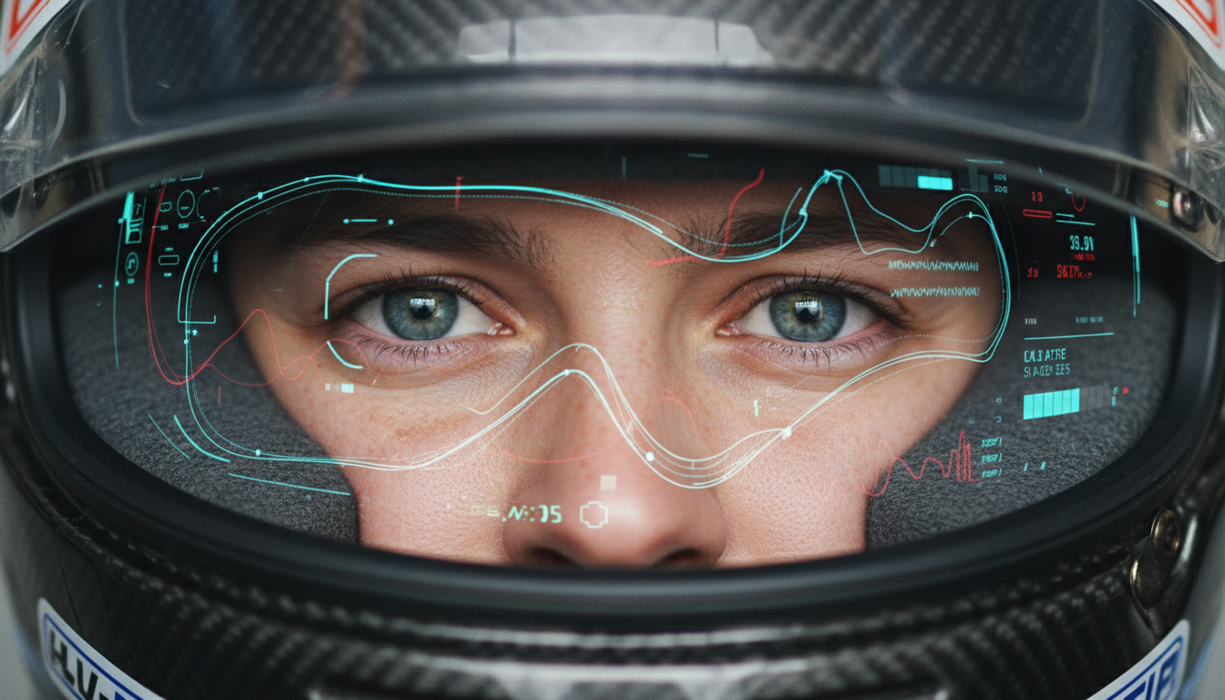 Extreme close-up of a racing pilot's eyes inside a helmet, the reflection of a digital racetrack and data streams in the visor, high intensity, focus and calm amidst chaos, ultra-detailed textures.