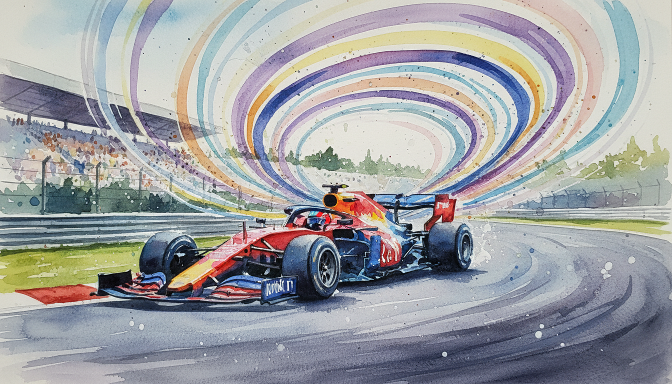 An artistic representation of a Formula 1 car frozen in time on a curve, while the background is a high-speed blur of light trails, symbolizing time dilation and neurological flow state, cinematic atmosphere.