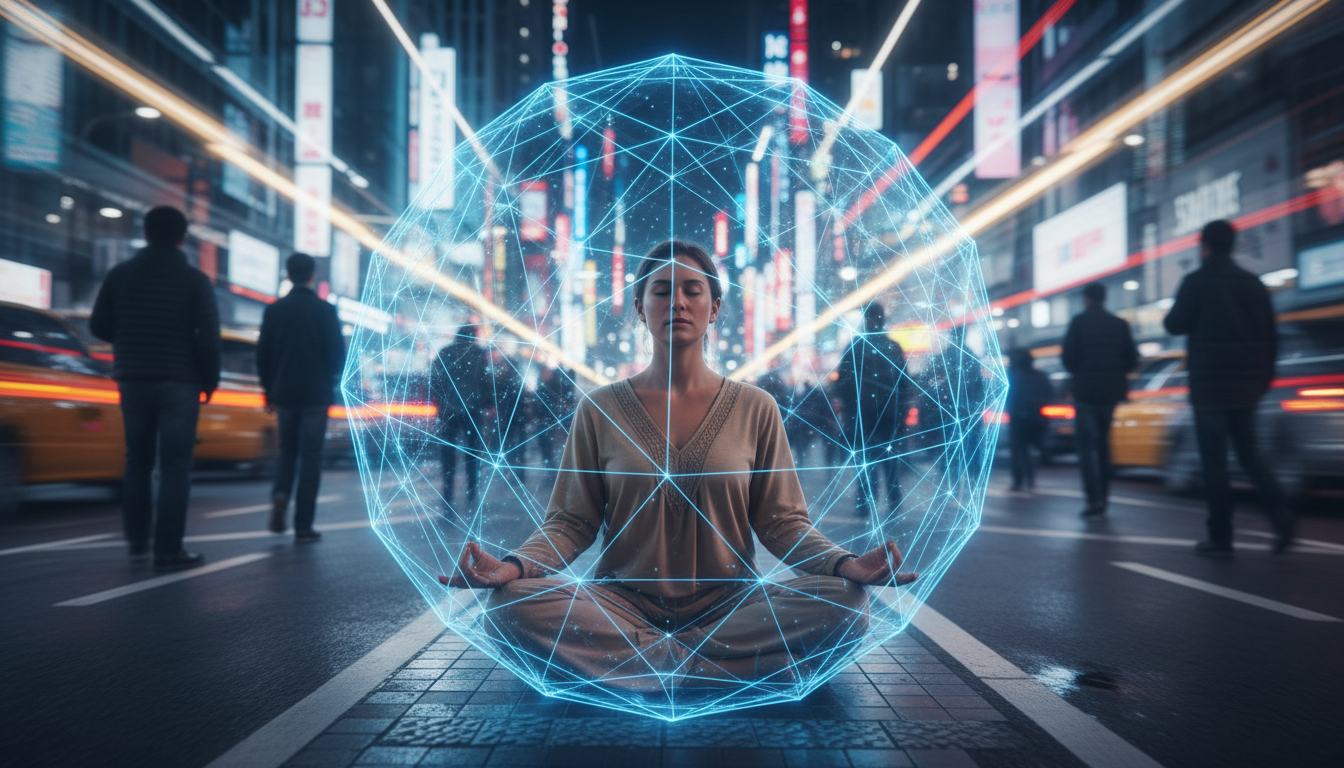 A person sitting in a meditative pose in the center of a busy, blurred city street at night. A translucent blue geometric sphere surrounds them, acting as a shield against the streaks of neon lights and chaotic movement of the crowd. Minimalist, sharp focus on the person.