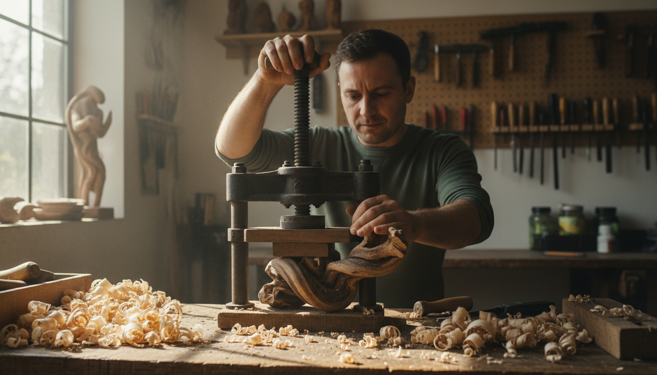 Un artesano moldeando una pieza de madera torcida en una prensa antigua rodeado de virutas de madera.