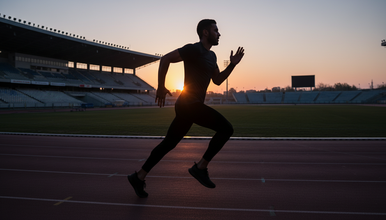 Silueta de un atleta corriendo solo en un estadio vacío al amanecer con una expresión de enfoque absoluto.