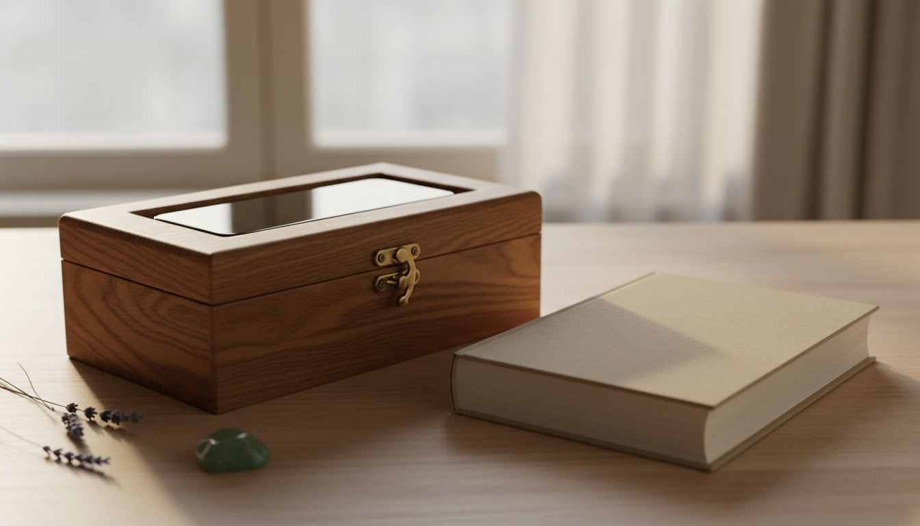Un smartphone guardado dentro de una caja de madera cerrada junto a un libro de tapa dura.