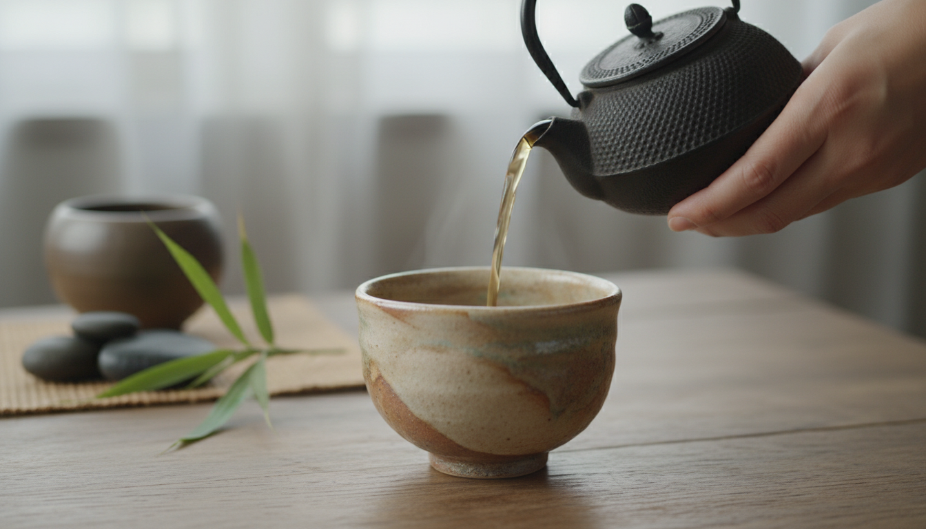 Primer plano de manos vertiendo té en una taza de cerámica japonesa con movimientos lentos y precisos.