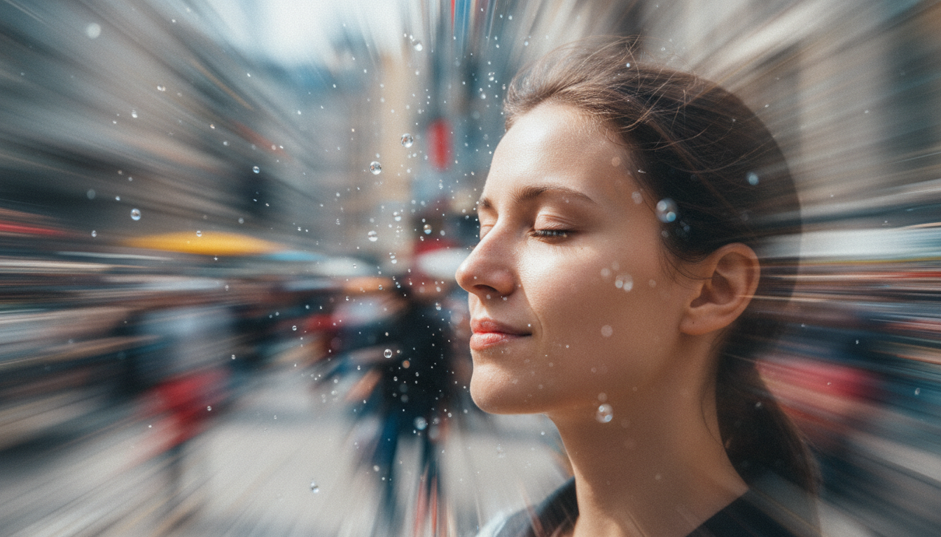 Un primer plano artístico de una persona cerrando los ojos con calma mientras el entorno caótico a su alrededor se vuelve borroso y lento.