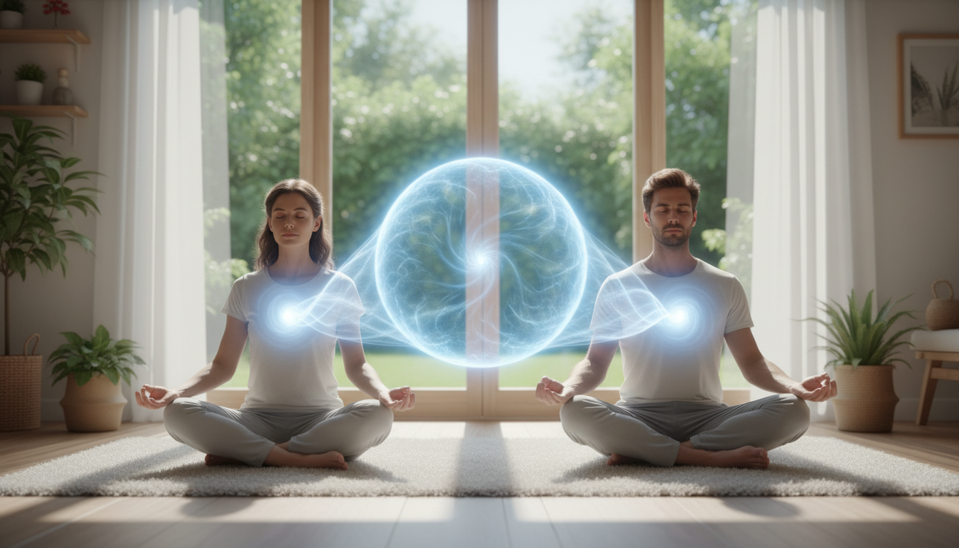 Representación conceptual de dos campos de energía azul suave que se armonizan y expanden desde dos personas sentadas juntas.