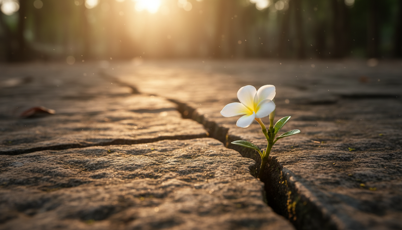 Una flor naciendo de una grieta en el suelo de piedra bajo una luz cálida y dorada simbolizando resiliencia.