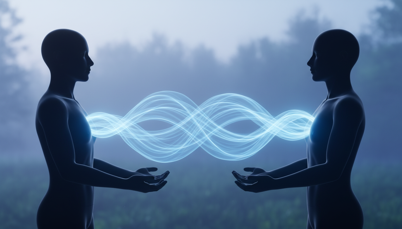 Representación conceptual de dos siluetas humanas unidas por flujos de luz azul relajante que emanan de sus pechos simbolizando la corregulación biológica sana.