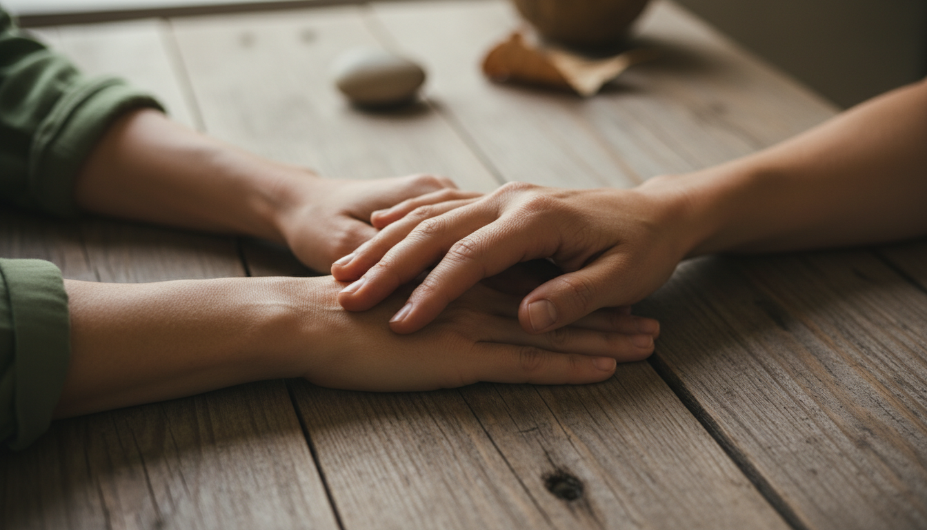 Dos manos adultas apoyadas suavemente una sobre la otra encima de una mesa rústica de madera en un gesto de apoyo y escucha profunda.