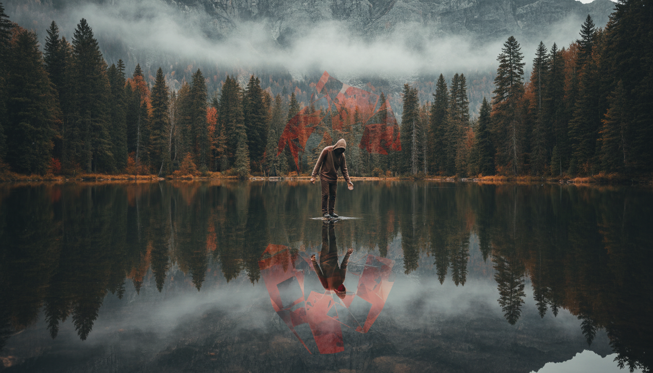 Una persona observando su reflejo en un lago de aguas cristalinas y quietas rodeado de bosque simbolizando la introspección durante el conflicto.