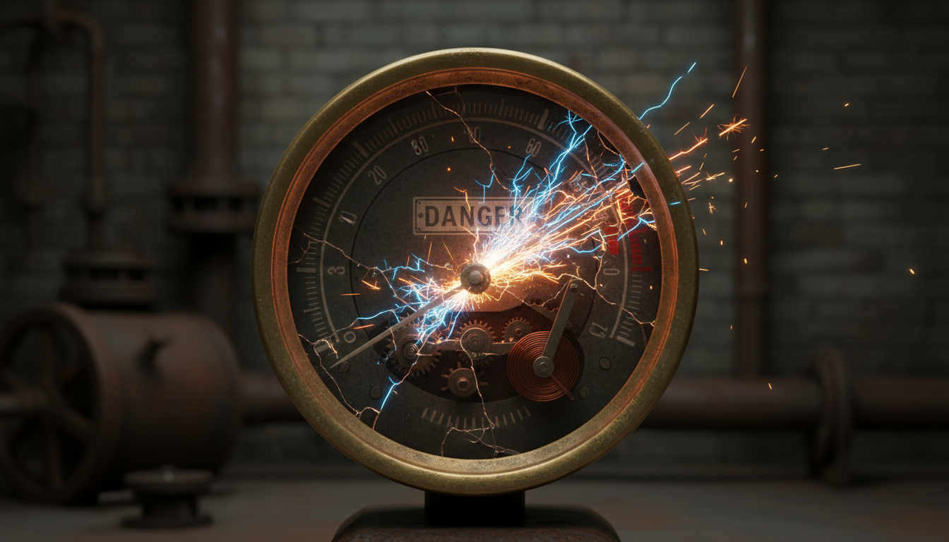 Un velocímetro metálico antiguo con la aguja forzando el límite rojo, chispas eléctricas saliendo del mecanismo interno, fondo oscuro de estilo industrial.
