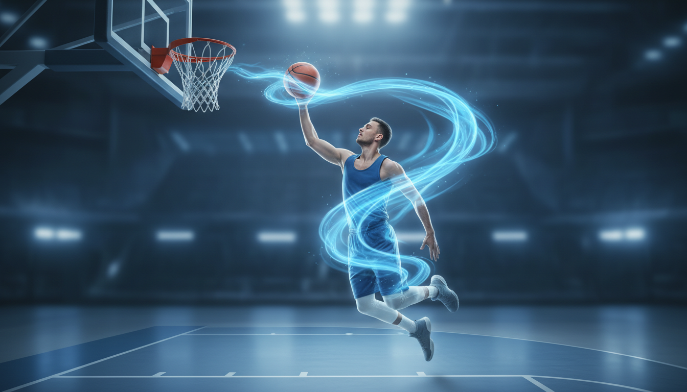 Ethereal blue light surrounding a basketball player jumping towards a hoop in a hyper-focused trance, symbolizing the flow state.