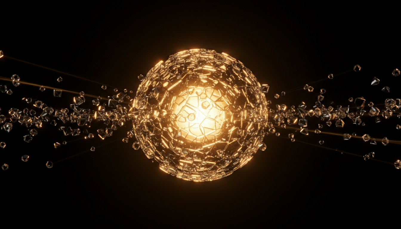 Representación abstracta de fragmentos de cristal flotantes que se unen para formar una esfera perfecta de luz dorada sobre un fondo oscuro.
