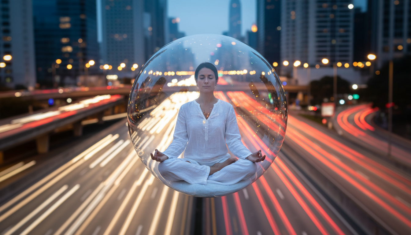 Una persona meditando dentro de una burbuja de cristal transparente mientras en el fondo se ve una ciudad borrosa y caótica con luces de tráfico.