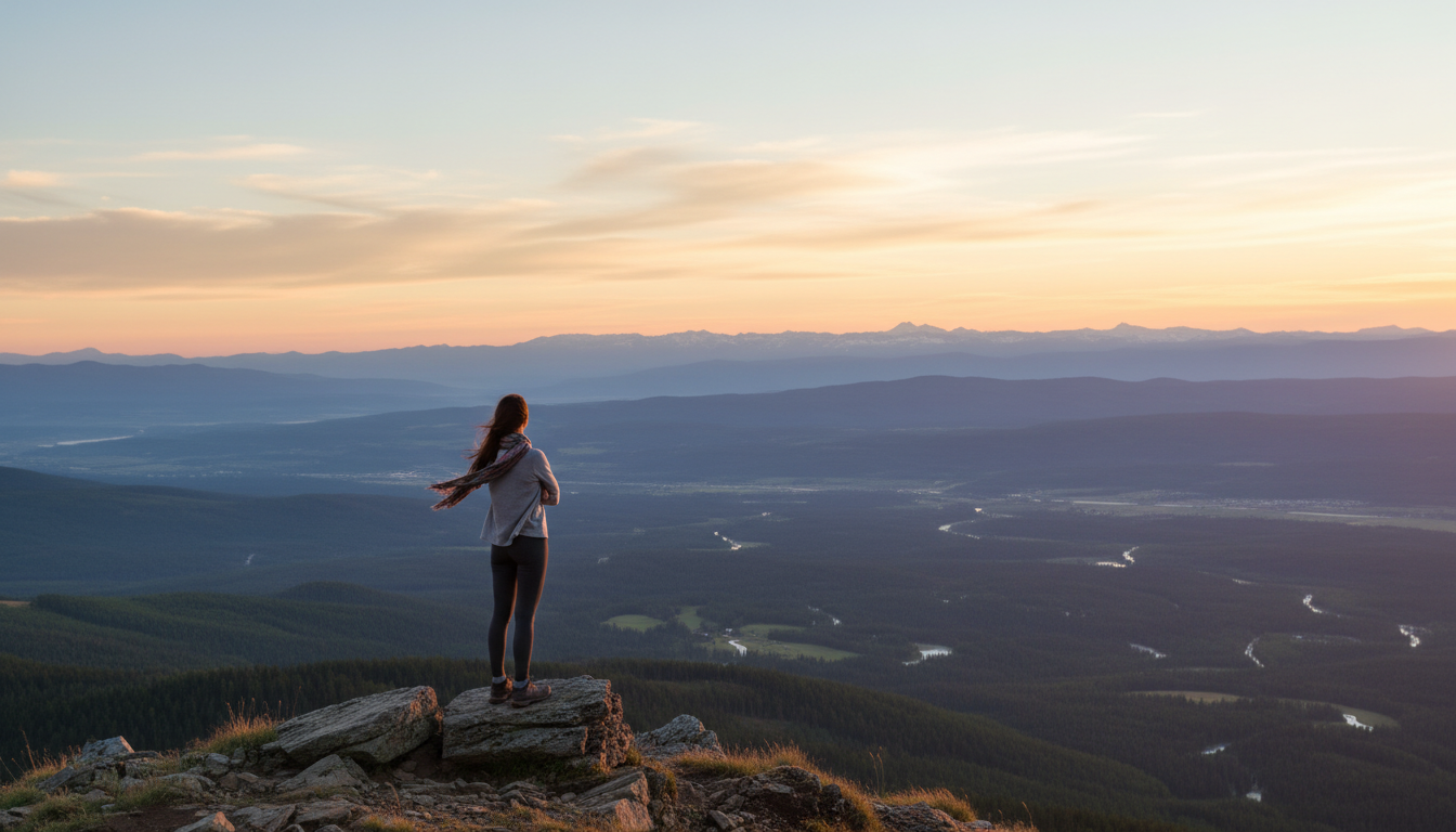 Una figura solitaria contemplando un valle infinito desde la cima de una montaña bajo un cielo despejado, representando perspectiva y paz.