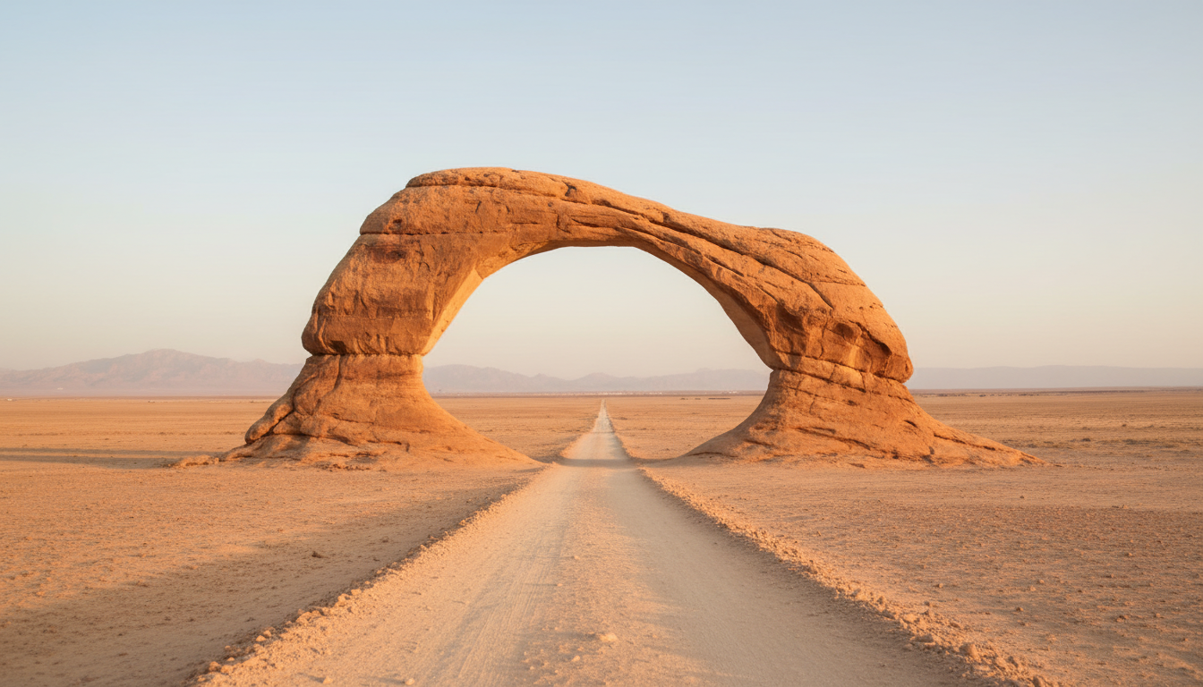 Un gran arco de piedra en medio de un desierto, con un camino que desaparece en el horizonte sin retorno posible.