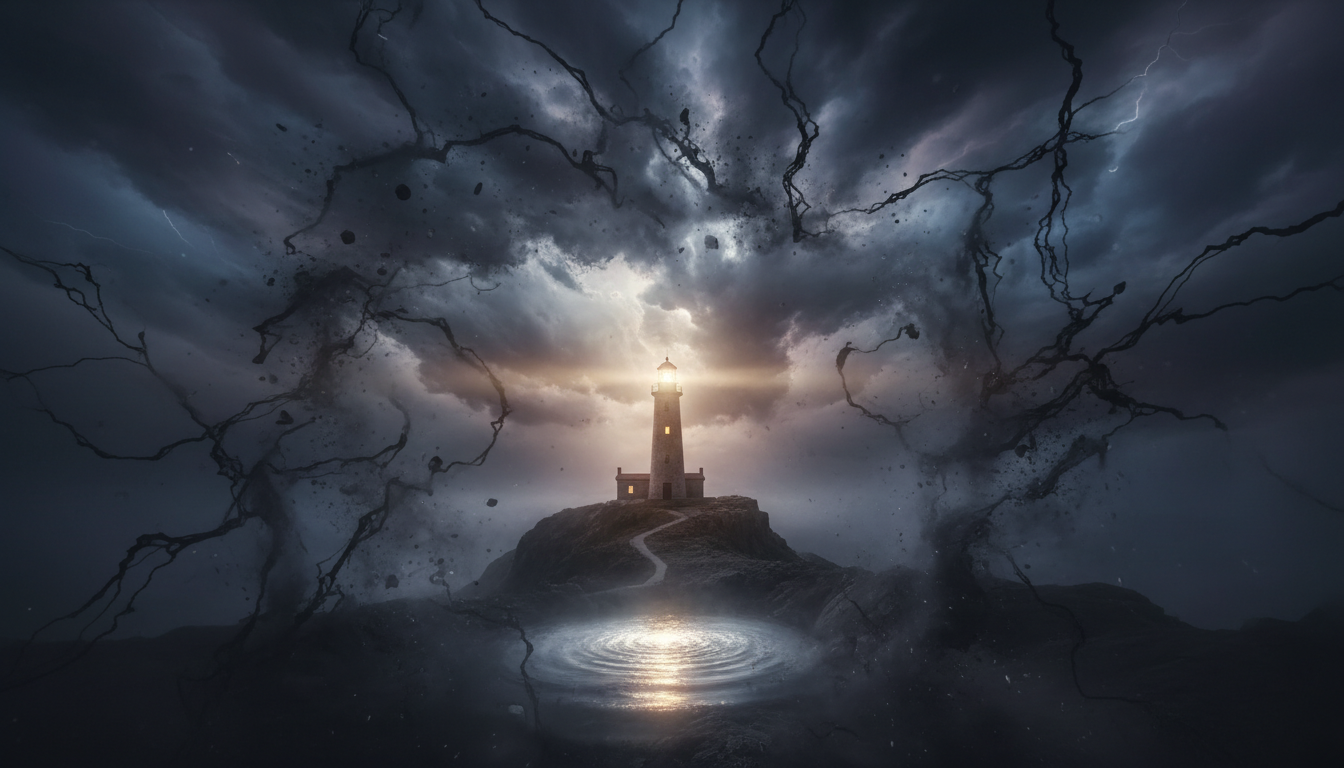 Representación visual de la intuición como un faro de luz suave atravesando una tormenta de partículas oscuras y caóticas.