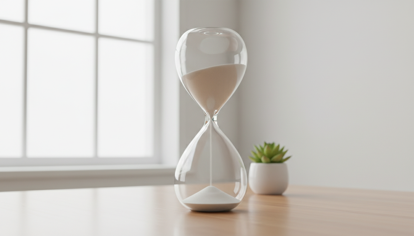 Primer plano de un reloj de arena donde la arena fluye perfectamente en un entorno de paz absoluta, minimalista y ordenado.