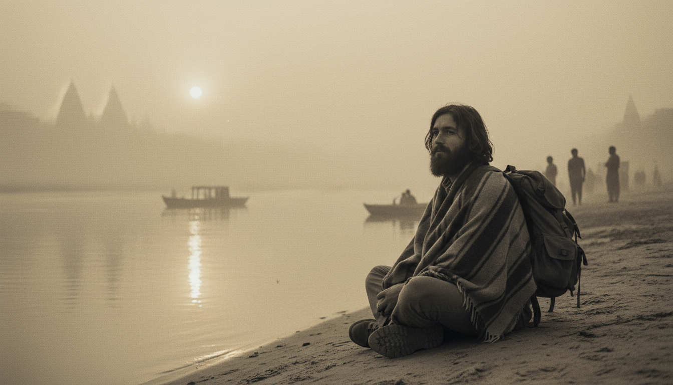A grainy 1970s style photograph of a young traveler with a backpack sitting alone by the misty banks of the Ganges river at dawn.