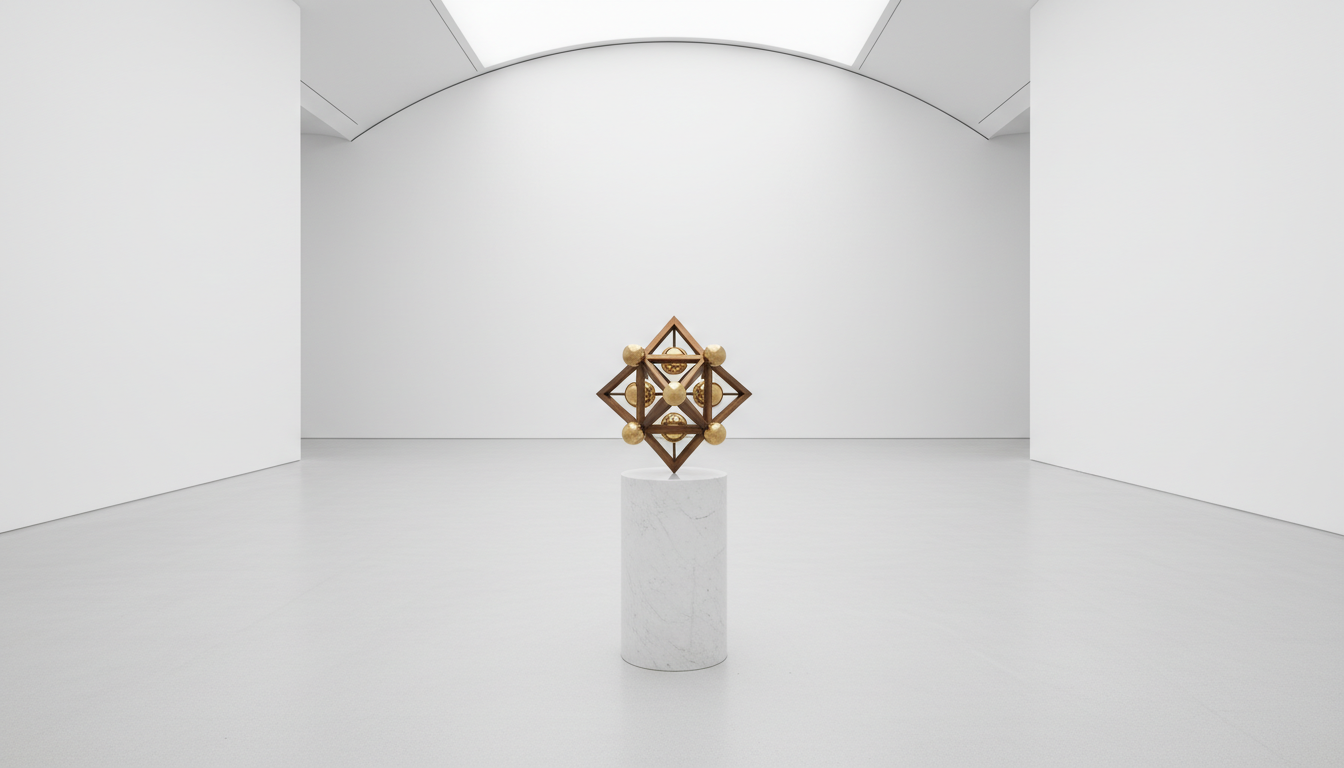 A wide shot of a vast, empty white minimalist gallery room with a single elegant geometric object placed on a central pedestal.