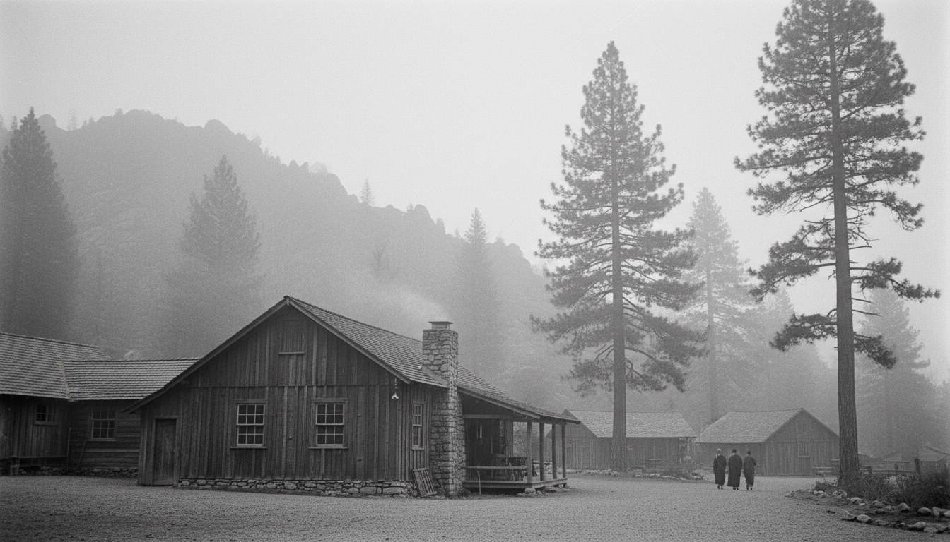 Black and white vintage style photograph of the Tassajara Zen Mountain Center in California during the late 1960s, showing the rustic wooden buildings surrounded by mist and pine trees, evoking a sense of spiritual pioneering.