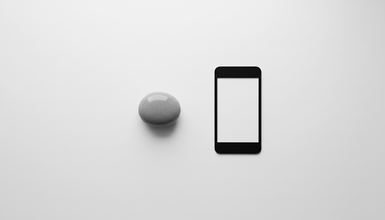 Minimalist composition representing the Japanese concept of 'Ma' (empty space), featuring a single smooth stone on a vast, clean white surface next to the silhouette of a sleek modern technology device, emphasizing elegance and simplicity.