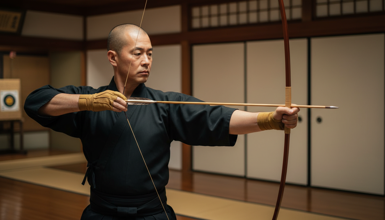 A Japanese monk in a traditional dojo practicing Kyudo (archery), drawing a long asymmetric wooden bow with absolute concentration, the lighting focusing on the archer's hands and the tension of the string.