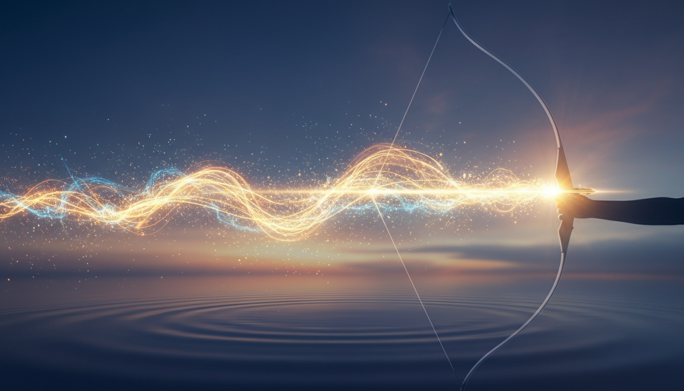 Abstract visual of an arrow being released from a bow, capturing the motion blur and the feeling of 'letting go', transitioning into a flow of light and energy, symbolizing the state of flow and non-attachment.