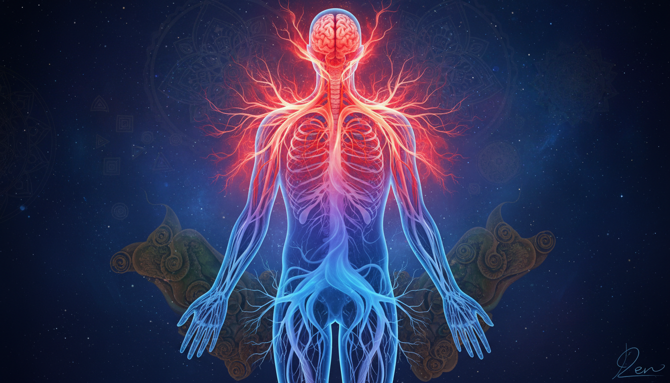 Conceptual illustration of a human nervous system transitioning from a red glowing state of stress to a calm blue state of zen, symbolic of biological anchoring and recovery.