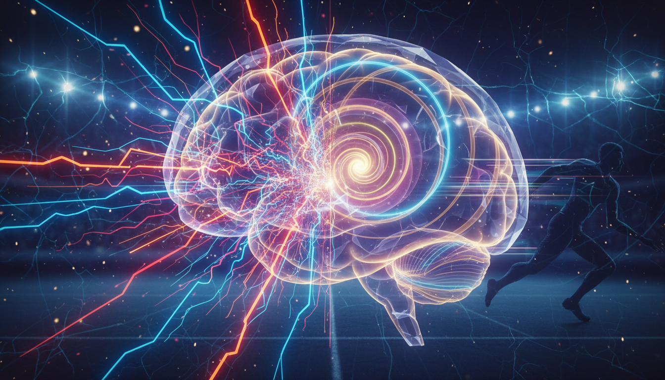 Abstract digital art representing brain waves shifting from beta to alpha during a high-pressure sports moment, futuristic neon aesthetic.