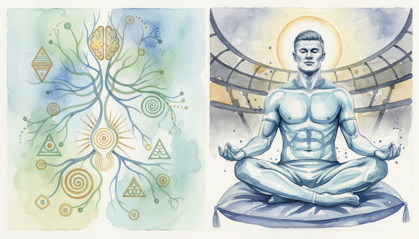 Side-by-side comparison of a calm nervous system diagram and Erling Haaland meditating in a stadium, showing biological stability symbols.