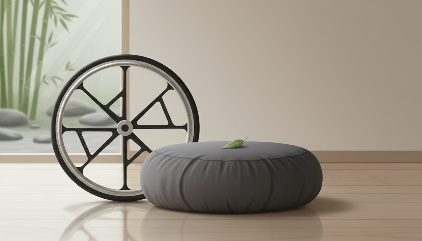 A minimalist and serene image of a classic Zen meditation zafu cushion placed next to a modern wheelchair wheel, representing the concept of the wheelchair as a space for meditation.