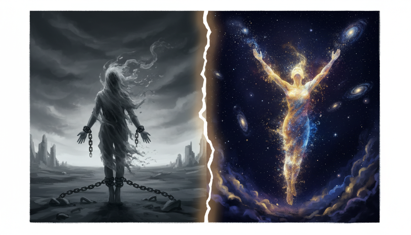 A conceptual split illustration showing on one side a person trapped in grey chains labeled 'Resignation' and on the other, a person transforming into starlight labeled 'Radical Acceptance'.