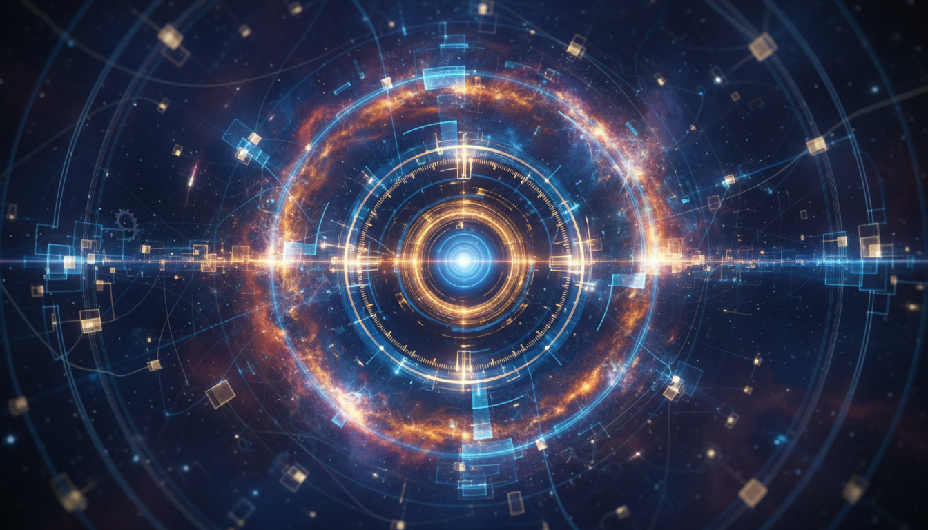 A artistic close-up of a digital screen with glowing letters, surrounded by abstract representations of time and space, symbolizing the intensity of a mind focused on the present.