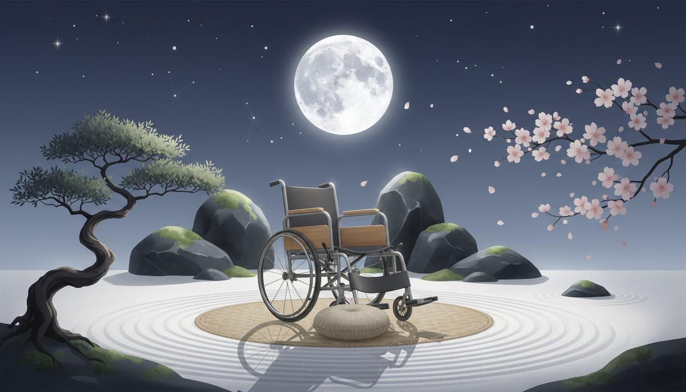 A minimalist illustration of a wheelchair placed on a traditional Zen meditation mat in a serene garden at night.