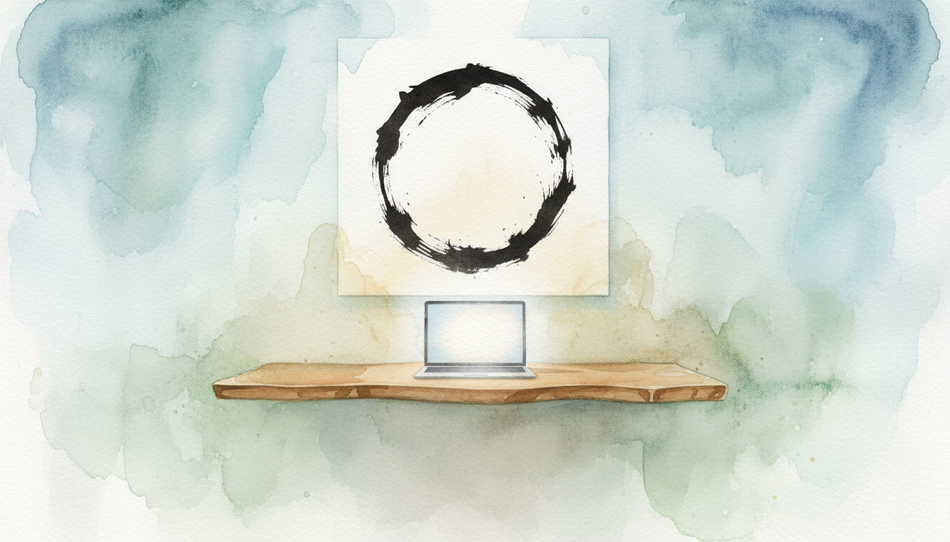 A clean, zen-inspired workspace with a single black ink circle painted on a white canvas and a sleek laptop, emphasizing simplicity and the power of the void.