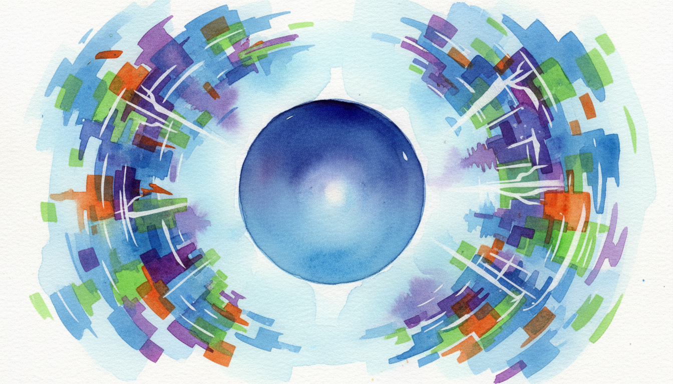 A minimalist composition showing a perfectly still pool of water in the middle of a digital storm, representing mental clarity amidst external chaos.