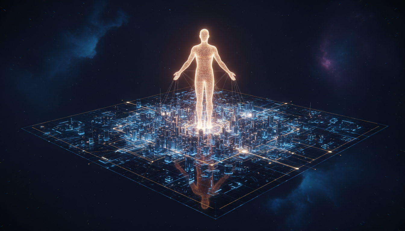 An artistic representation of a human silhouette made of light standing above a complex, glowing blueprint of a city, symbolizing the observer watching the mental map.