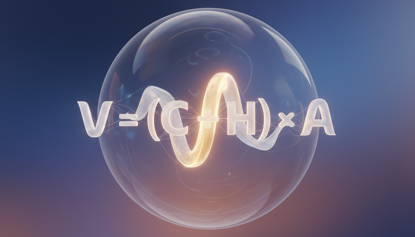 A clean 3D render of the mathematical formula V = (C + H) x A where the letter A is highlighted in a vibrant gold color.