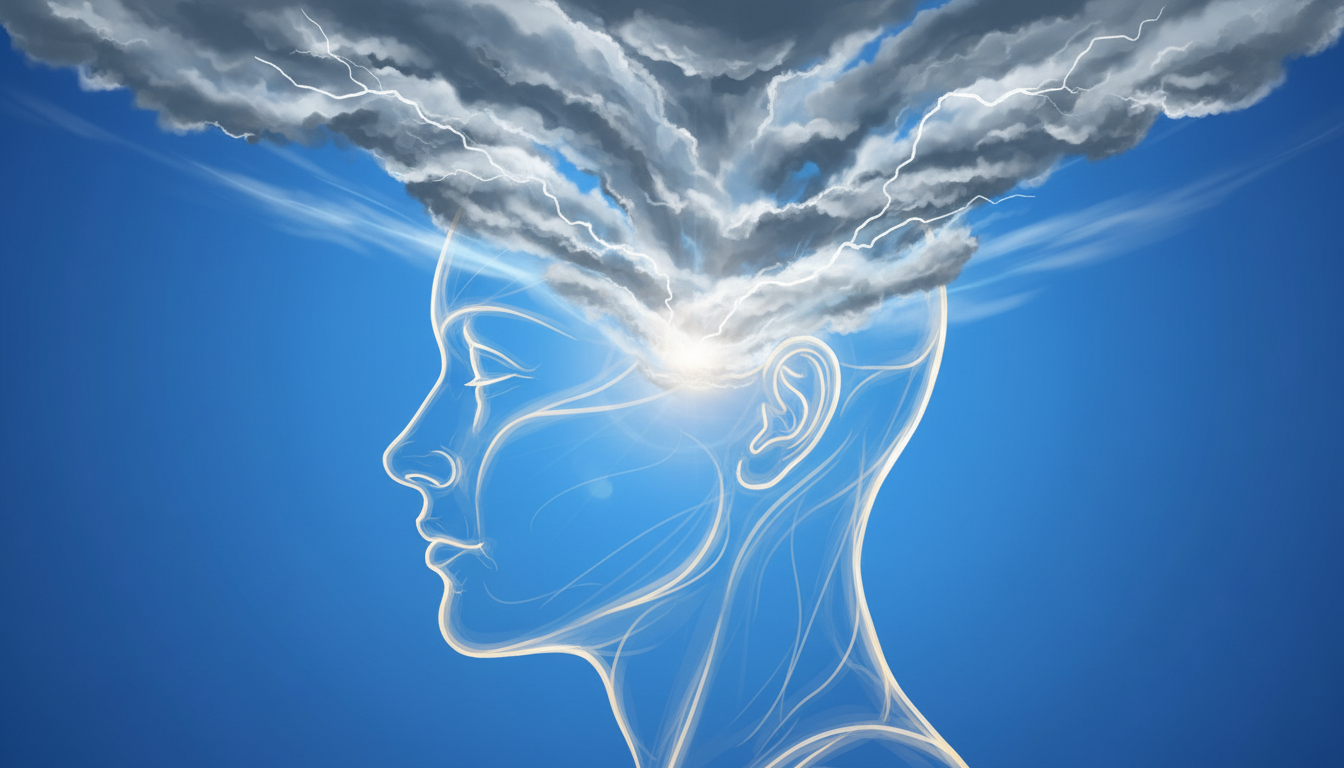Conceptual visual of a person's head where grey storm clouds are dissolving into a perfectly clear blue sky, symbolizing mental clarity.