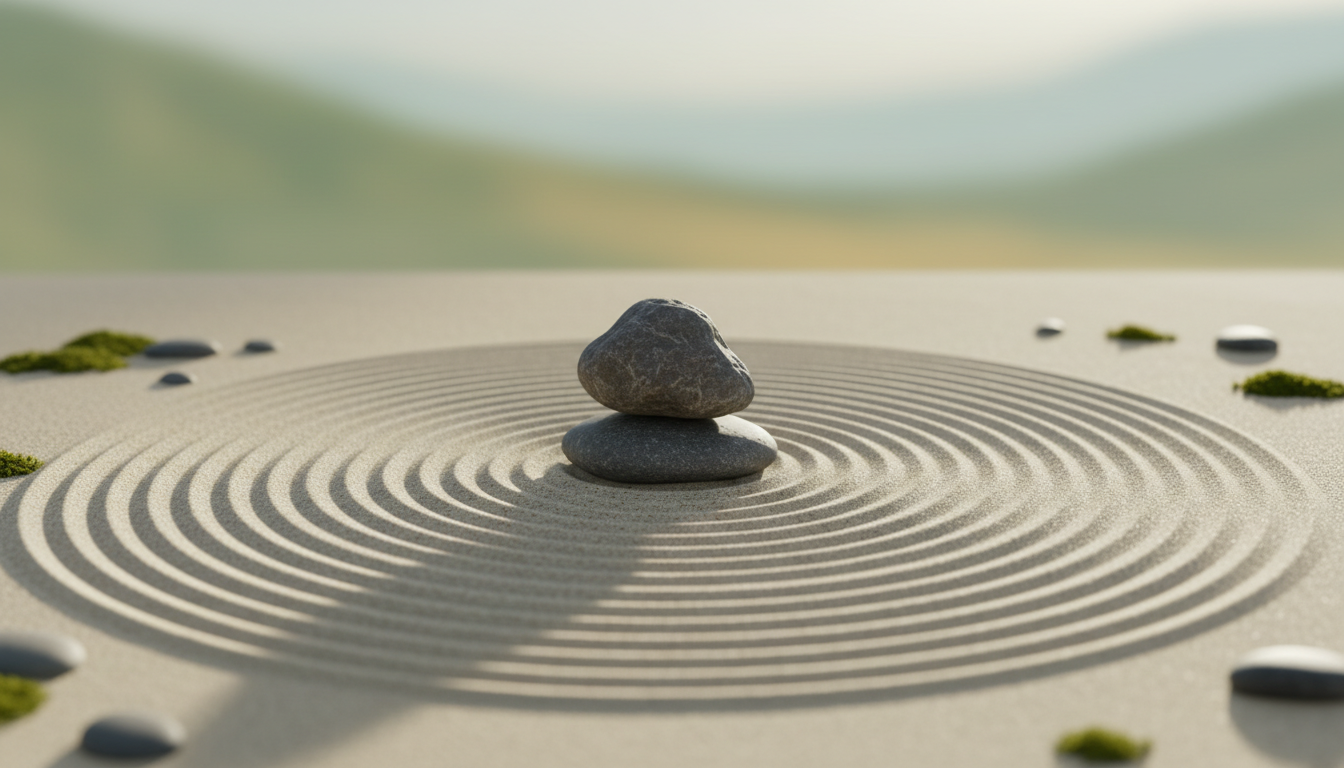 A minimalist Zen stone garden with a single balanced rock and perfectly circular sand patterns, representing internal peace.