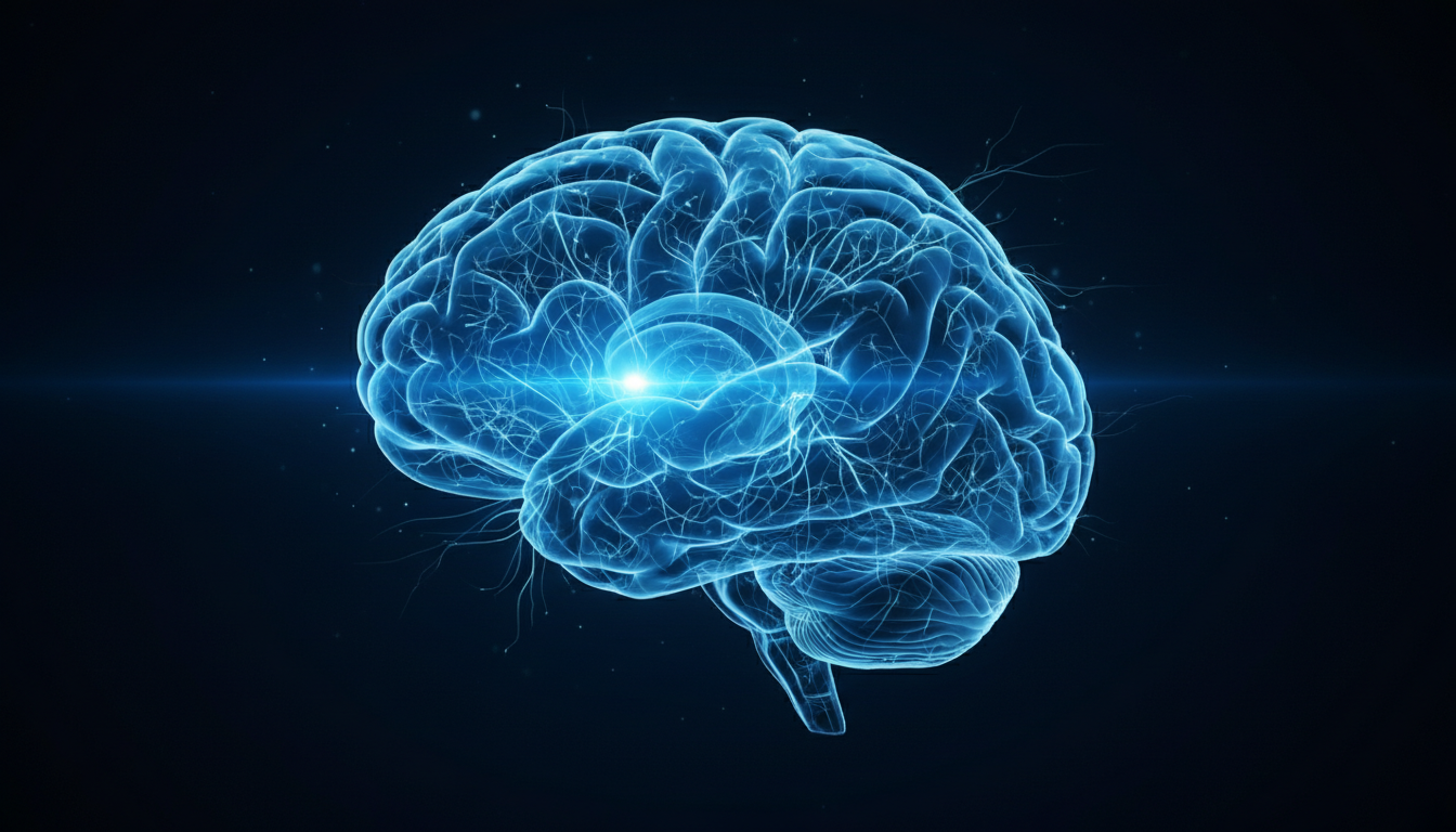 A high-tech medical illustration of a human brain with the prefrontal cortex glowing in a bright blue light, representing strength and self-control, dark background.