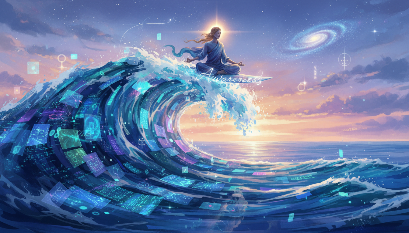 An artistic representation of a giant ocean wave made of digital screens and pixelated noise, with a calm individual surfing on top of it using a board labeled 'Awareness'.