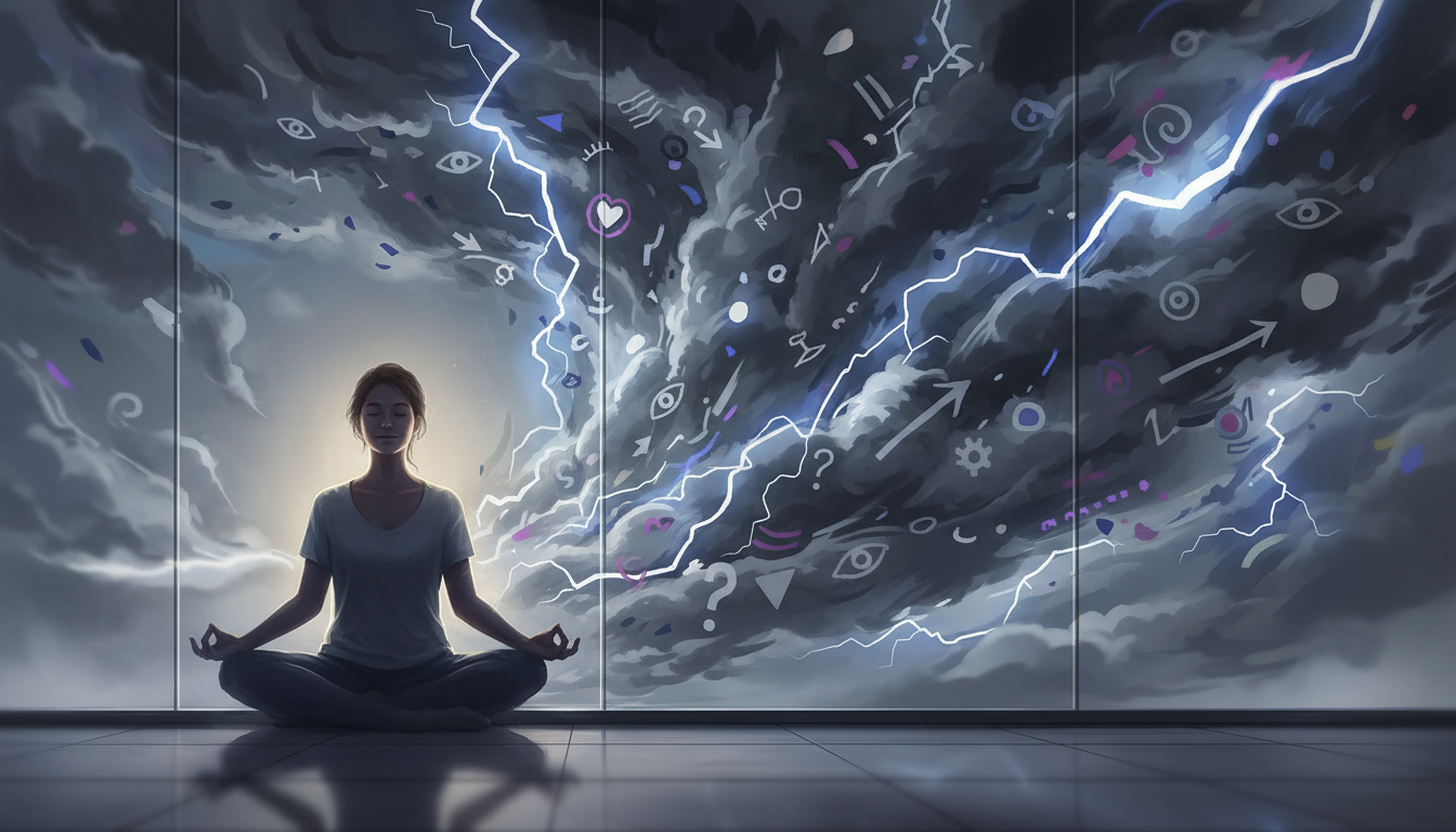 A person standing peacefully behind a transparent glass wall while a storm of dark clouds and chaotic symbols passes by on the other side, symbolizing the observing mind.