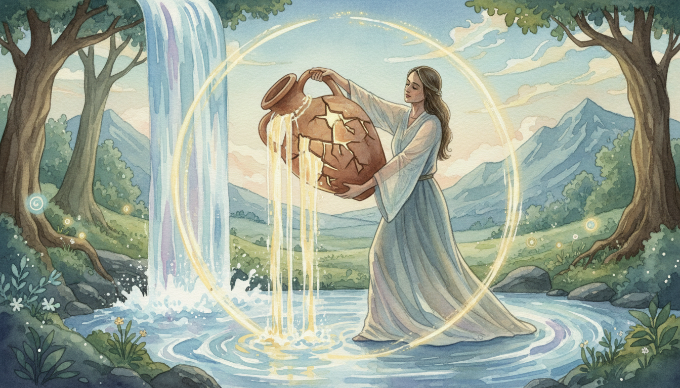 Imagen de una persona intentando llenar un recipiente con agua que tiene múltiples grietas, simbolizando la pérdida de energía vital por la autoexigencia.