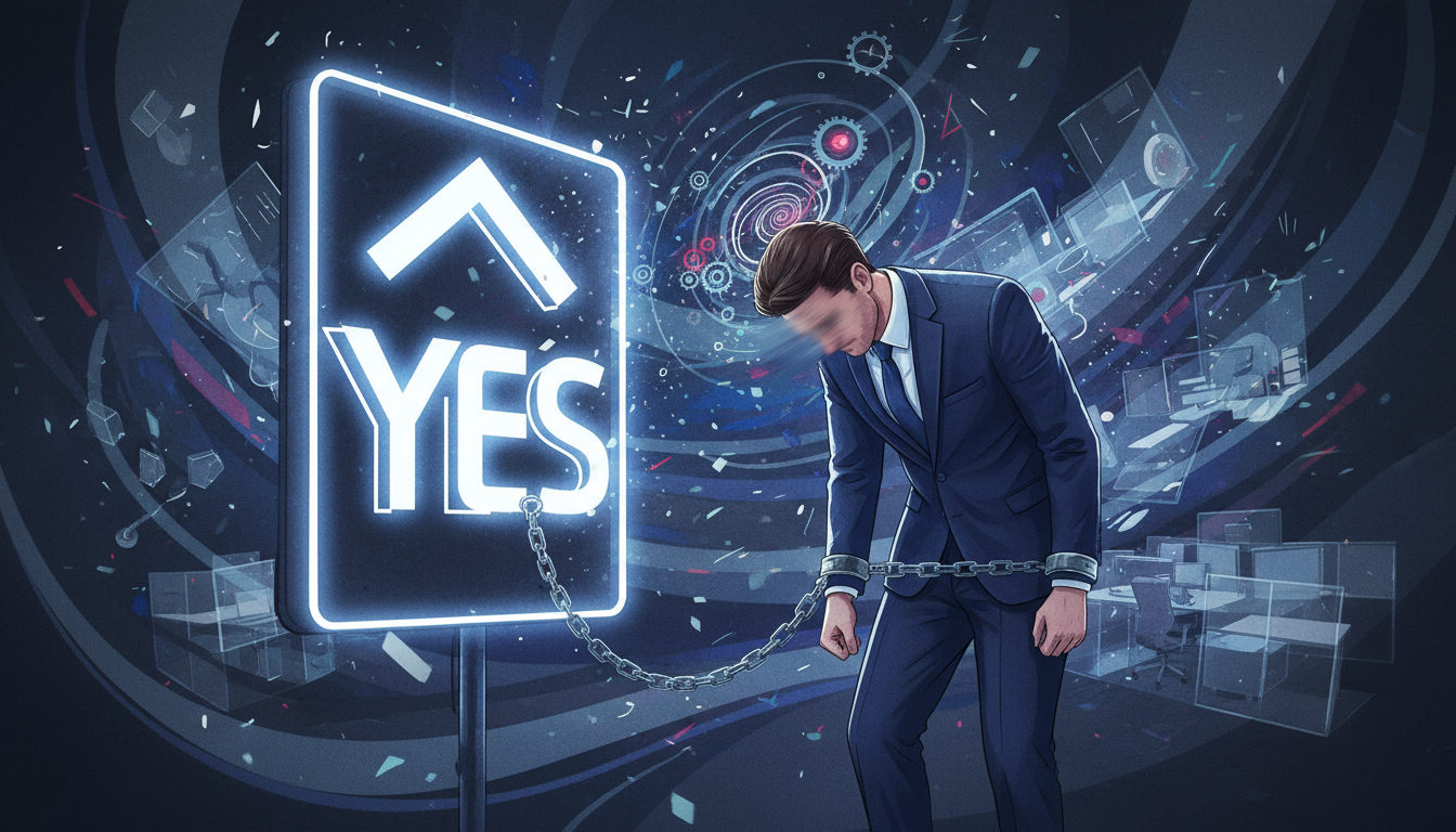 Un hombre de negocios moderno encadenado a una oficina invisible por un gran cartel luminoso que dice 'SÍ', en un ambiente de presión psicológica.
