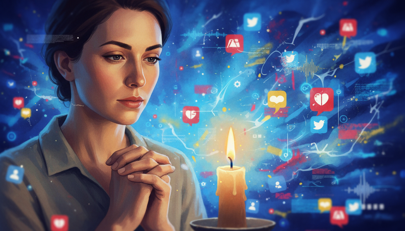 Una escena tranquila de una persona enfocada en una sola vela encendida mientras el fondo es un caos borroso de notificaciones y ruido digital.