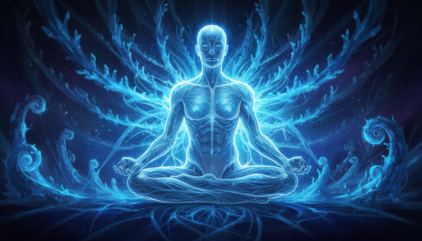 Ilustración médica artística de la red de fascia humana brillando con luz azul eléctrica sobre un cuerpo humano transparente en postura de meditación, estilo futurista y detallado.