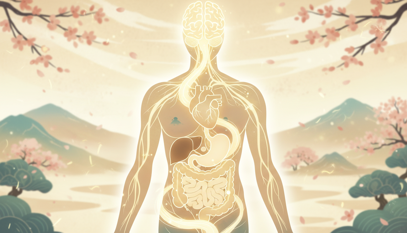 Diagrama conceptual del nervio vago recorriendo el cuerpo humano, representado como un río de luz dorada que conecta el cerebro con el corazón y el sistema digestivo, estilo estético zen.